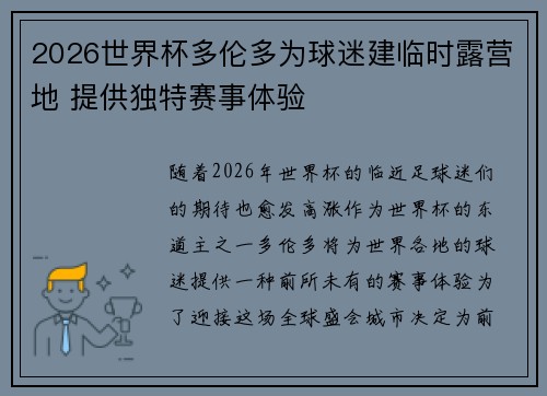 2026世界杯多伦多为球迷建临时露营地 提供独特赛事体验